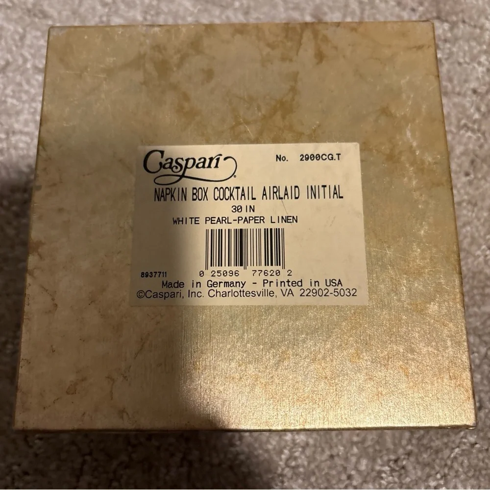 Caspari Napkin Box Cocktail Airlaid Initial J 30 Ct White Pearl Paper Linen